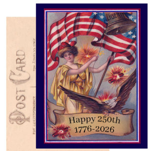 Cartão Postal EUA 250º Quatro de Julho Patriótica Senhora Liberd