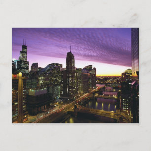 Cartão Postal EUA, IL, Chicago. Horizonte e rio de Chicago