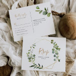 Cartão Postal Eucalipto Geométrico de Folhagens RSVP<br><div class="desc">Concebido para combinar com a nossa coleção de casamento Mixed Greenery, este cartão de RSVP personalizável apresenta uma moldura geométrica dourada adornada com folhagem de greenery em aquarela com texto em dourado e cinza. Para fazer alterações avançadas, vá para a opção "Clique para personalizar ainda mais" em Personalizar este modelo....</div>