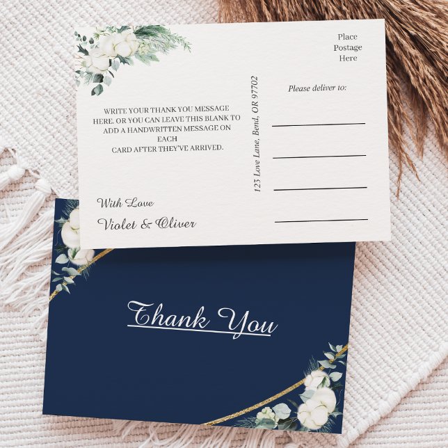 Cartão Postal  Eucalyptus Cotton | Navy Modern Wedding Thank You (Criador carregado)