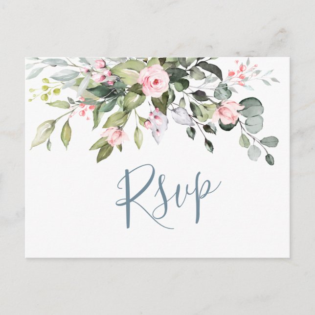 Cartão Postal Eucalyptus Greenery Blush Rosas Casamento RSVP (Frente)