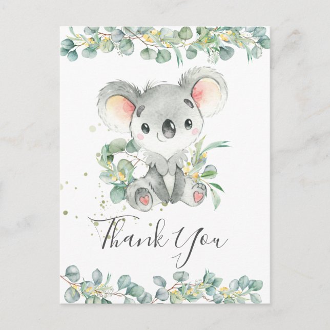 Cartão Postal Eucalyptus Greenery Cute Koala Aniversário Obrigad (Frente)