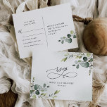 Cartão Postal Eucalyptus Greenery Wedding Elegante Rsvp<br><div class="desc">Projetado para coordenar com a nossa coleção de casamento Boho Greenery, este cartão postal Rsvp personalizável apresenta folhas de cor aquosa verde de eucalipto em relação a um delicado fundo de lavagem a aquarela com texto gráfico caligráfico, emparelhado com um serif clássico e fontes modernas de sans em preto. Itens...</div>