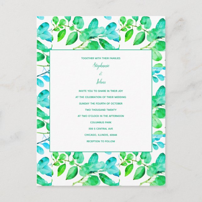 Cartão Postal Eucalyptus Leaf Art Green Teal Dusty Casamento Azu (Frente)