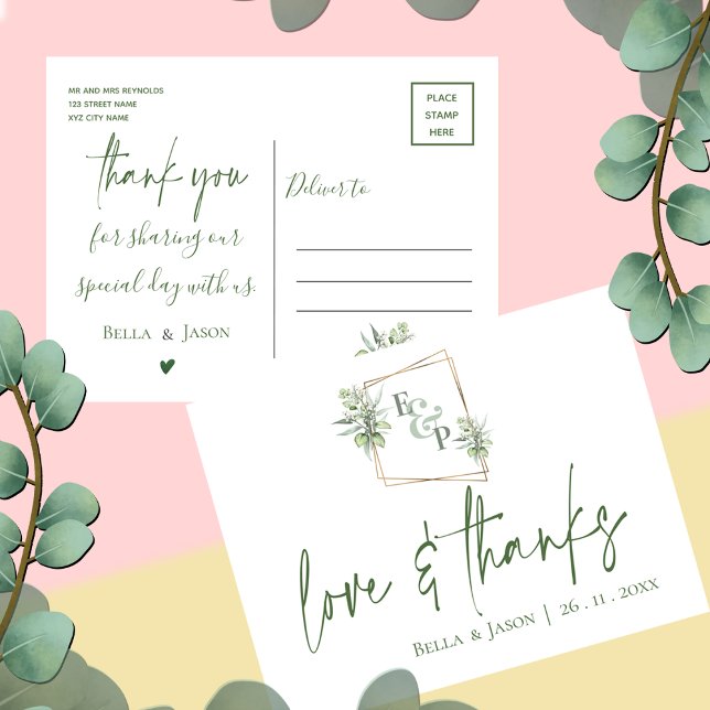Cartão Postal Eucalyptus Love Obrigados Casamento Verde Obrigado (Eucalyptus Love Thanks Greenery Wedding Thank You Postcard)