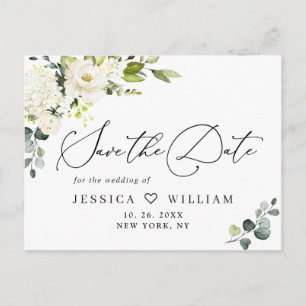 Cartão Postal Eucalyptus White Roses Boho Casamento Salve a Data