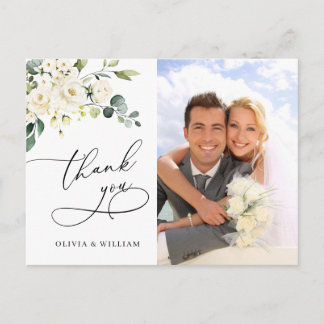 Cartão Postal Eucalyptus White Roses Foto de Casamento Obrigado