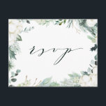 Cartão Postal Evergreen & Cotton Flowers Elegante RSVP<br><div class="desc">Este cartão postal do rsvp de casamento apresenta verde-inverno pintado manualmente,  flores de algodão com texturas de ouro e aquarela. Para personalização mais avançada deste design,  clique no link "personalizar mais". Itens correspondentes também estão disponíveis.</div>