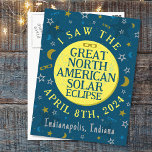 Cartão Postal Excelente Norte-Americano Solar Eclipse Abr 2024 P<br><div class="desc">Em 8 de abril de 2024, um eclipse solar total será visível em muitos Estados Unidos, México e Canadá. Se você está planejando comemorar este evento excitante com uma festa de exibição divertida, esses cartões postais de lembrança são perfeitos para você. O texto diz "Eu vi o Excelente do Eclipse...</div>