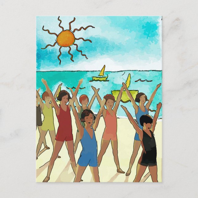 Cartão Postal Exercício infantil na praia (Frente)