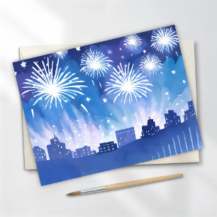 Cartão Postal Exibição de Fireworks Azul Fireworks Watercolor