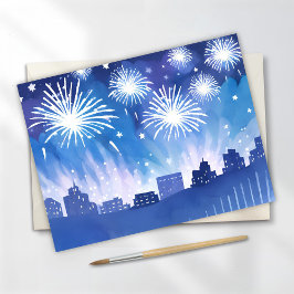 Cartão Postal Exibição de Fogos de Artifício Azuis | Aquarela de