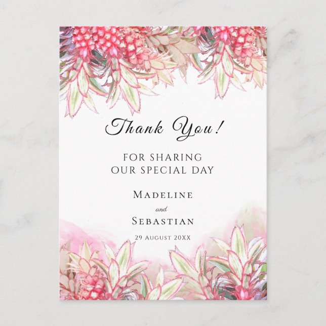 Cartão Postal Exotic Pink Pineapples Blush Wedding Thank You (Frente)