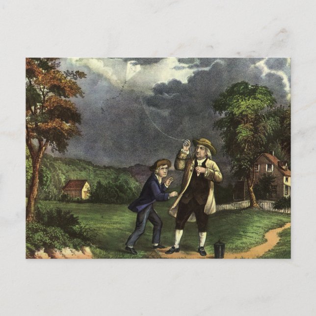 Cartão Postal Experiência de Benjamin Franklin com Pipa e Relâmp (Frente)