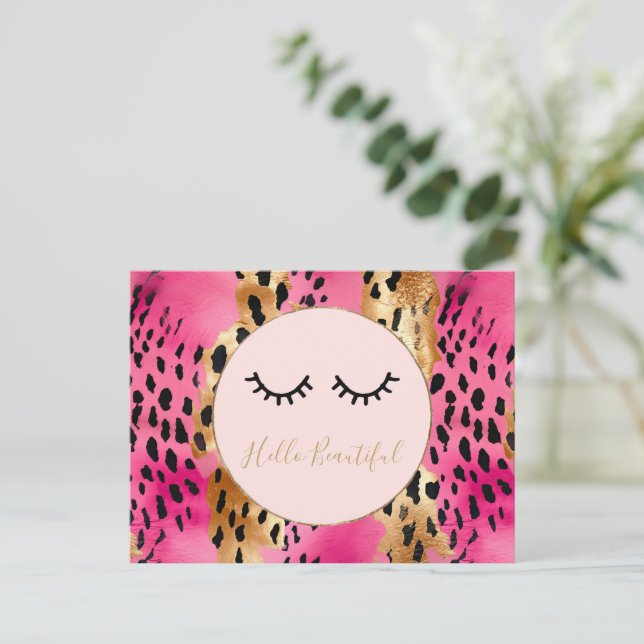 Cartão Postal Eyelashes Girassol Rosa Glam Negro Leopardo Dourad (Em pé/Frente)