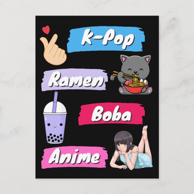 Cartão Postal Fã da cultura pop K-Pop, Ramen, Boba e Anime (Frente)