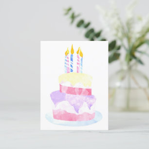 Cartão Postal Faça um Desejo   Bolo de Aniversário Feliz Aquarel