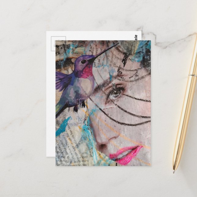 Cartão Postal Face Random Words Hummingbird Mixed Media Collage (Frente/Verso In Situ)