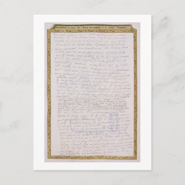 Cartão Postal Fácsimile de uma carta de Elizabeth I para Francoi (Frente)