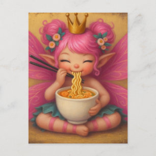 Cartão Postal Fada Adorável Com Ramen Comedor De Cabelo Rosa