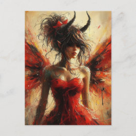 Cartão Postal Fada Adorável com um Vestido Vermelho e Chifres