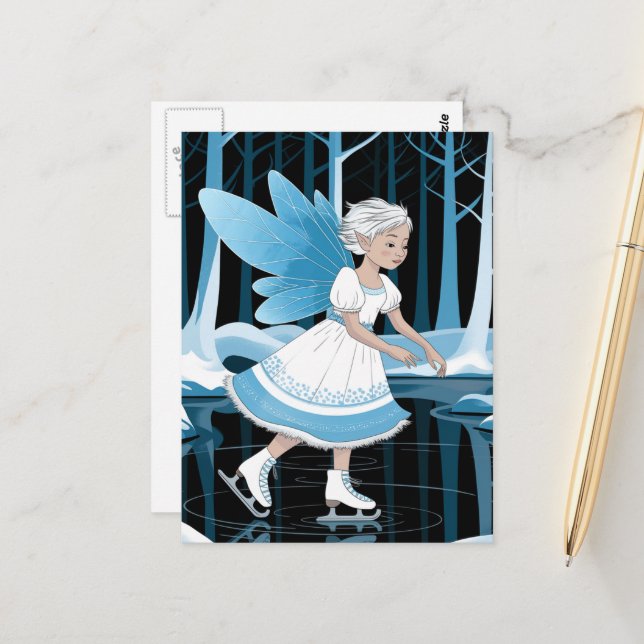 Cartão Postal Fada Adorável da Patinação no Gelo Lago de Inverno (Frente/Verso In Situ)