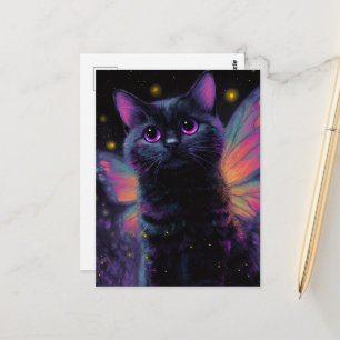 Cartão Postal Fada Adorável de Gato Preto e Roxo