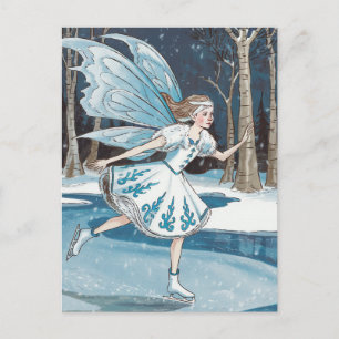 Cartão Postal Fada Adorável de Patinação no Gelo Azul Branco de