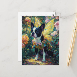 Cartão Postal Fada Boston Terrier em um Jardim de Rosas