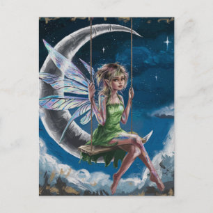 Cartão Postal Fada-branca balançando em frente à lua