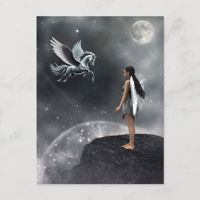 Cartão Postal Fada com asas bonito e Cavalo Voador (Frente)