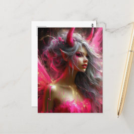 Cartão Postal Fada com chifres num vestido cor-de-rosa brilhante