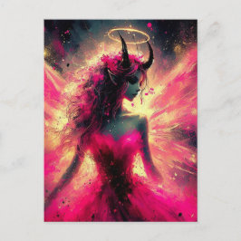 Cartão Postal Fada com chifres que seguram seu halo em rosa