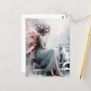 Cartão Postal Fada com Gato Branco nas Escadas