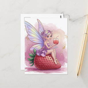 Cartão Postal Fada com um copo de morango fantasia