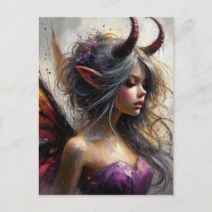Cartão Postal Fada com um Vestido Roxo com Chifres Arte Fantasia