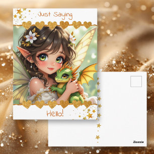 Cartão Postal Fada de Anime Fofa e Dragão Chibi   Olá!