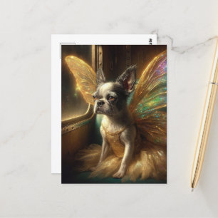 Cartão Postal Fada de Boston Terrier em um trem em safra
