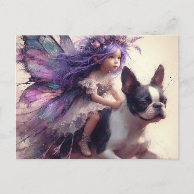 Cartão Postal Fada de Cabelo Roxo Andando em Boston Terrier Fant (Frente)