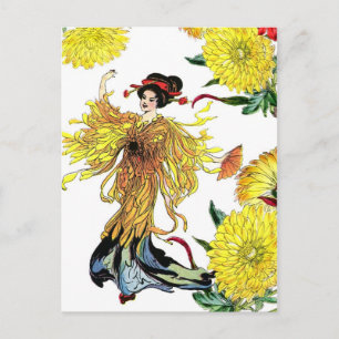 Cartão Postal Fada de Flor Chrysanthemo Japonês com Ventilador