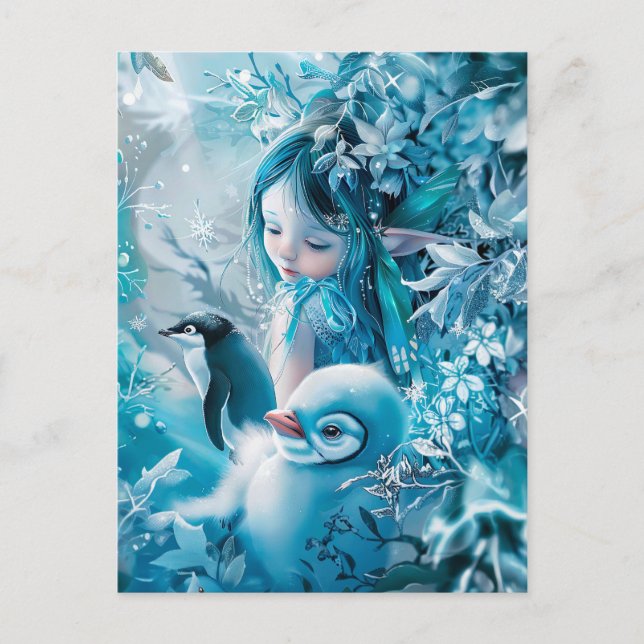 Cartão Postal Fada de inverno com Companhia de Pinguim (Frente)