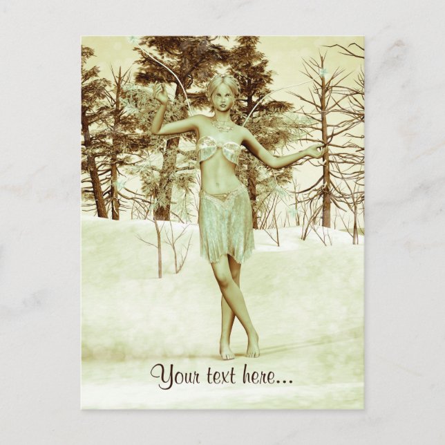 Cartão Postal Fada de Inverno na Floresta Nevada Arte Fantasia (Frente)