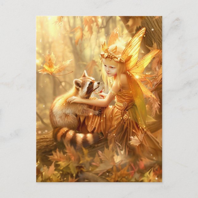 Cartão Postal Fada de outono com Racconon curioso (Frente)