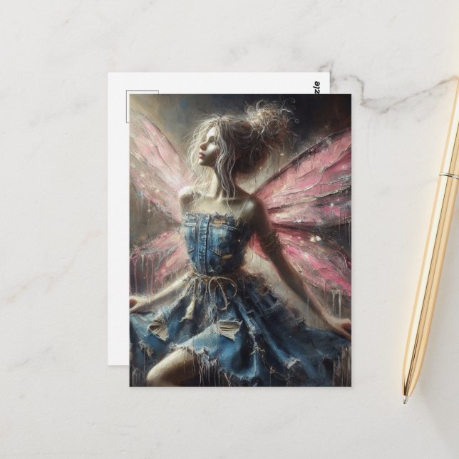 Cartão Postal Fada de Patches Denim Vestida Asas Rosa (Frente/Verso In Situ)