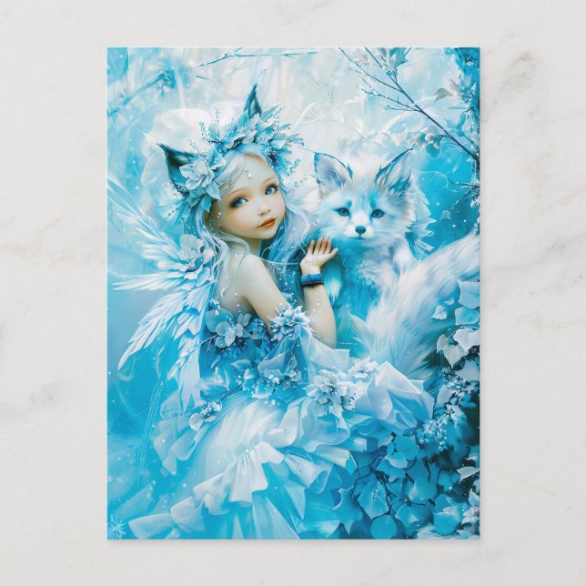 Cartão Postal Fada do Árctico e Raposa Polar por Lago (Frente)