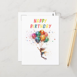 Cartão Postal Fada e Balões Feliz Aniversário Colorido