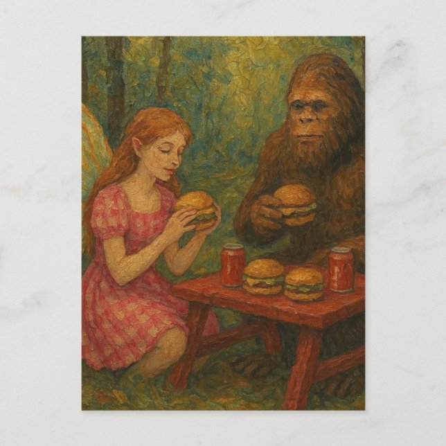 Cartão Postal Fada e Sasquatch Comendo Cheeseburgers na Floresta (Frente)