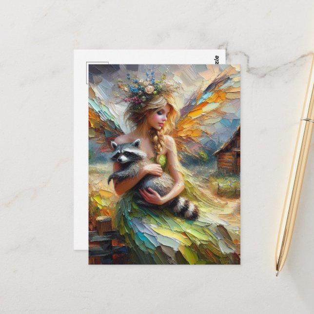 Cartão Postal Fada e seu Pet Raccoon (Frente/Verso In Situ)