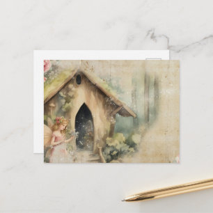 Cartão Postal Fada e sua Casa de Jardim Aquarela Vintage