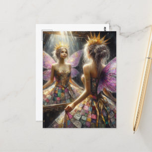 Cartão Postal Fada em um vestido acolchoado olha no espelho para